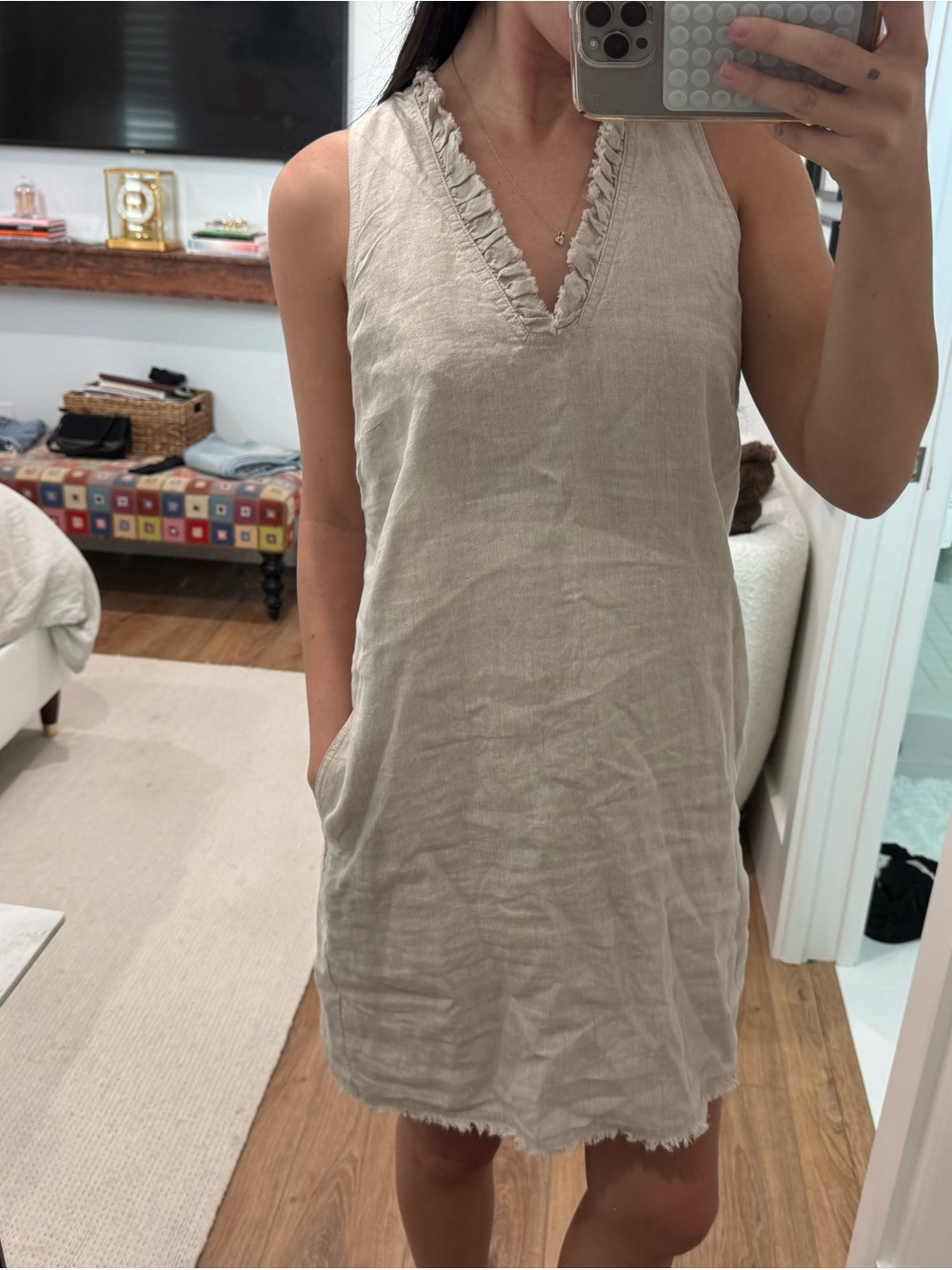 Tommy Bahama Beige Sleeveless V-Neck Linen Dress